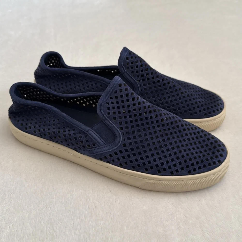 Tory Burch | Jesse Perforated Suede Slip On Flat Sneakers Shoes Navy Blue (7) - Picture 16 of 16